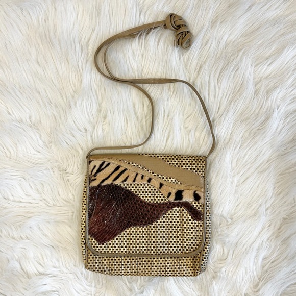 Carlos Falchi Handbags - Carlos Falchi Vintage Mixed Animal Print Patchwork Woven Leather Crossbody Bag